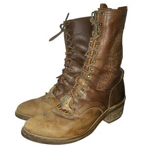 Vintage Western Cowboy Boots Two Tone Mens 10 D Lace Charm Rodeo Made in USA Vtg